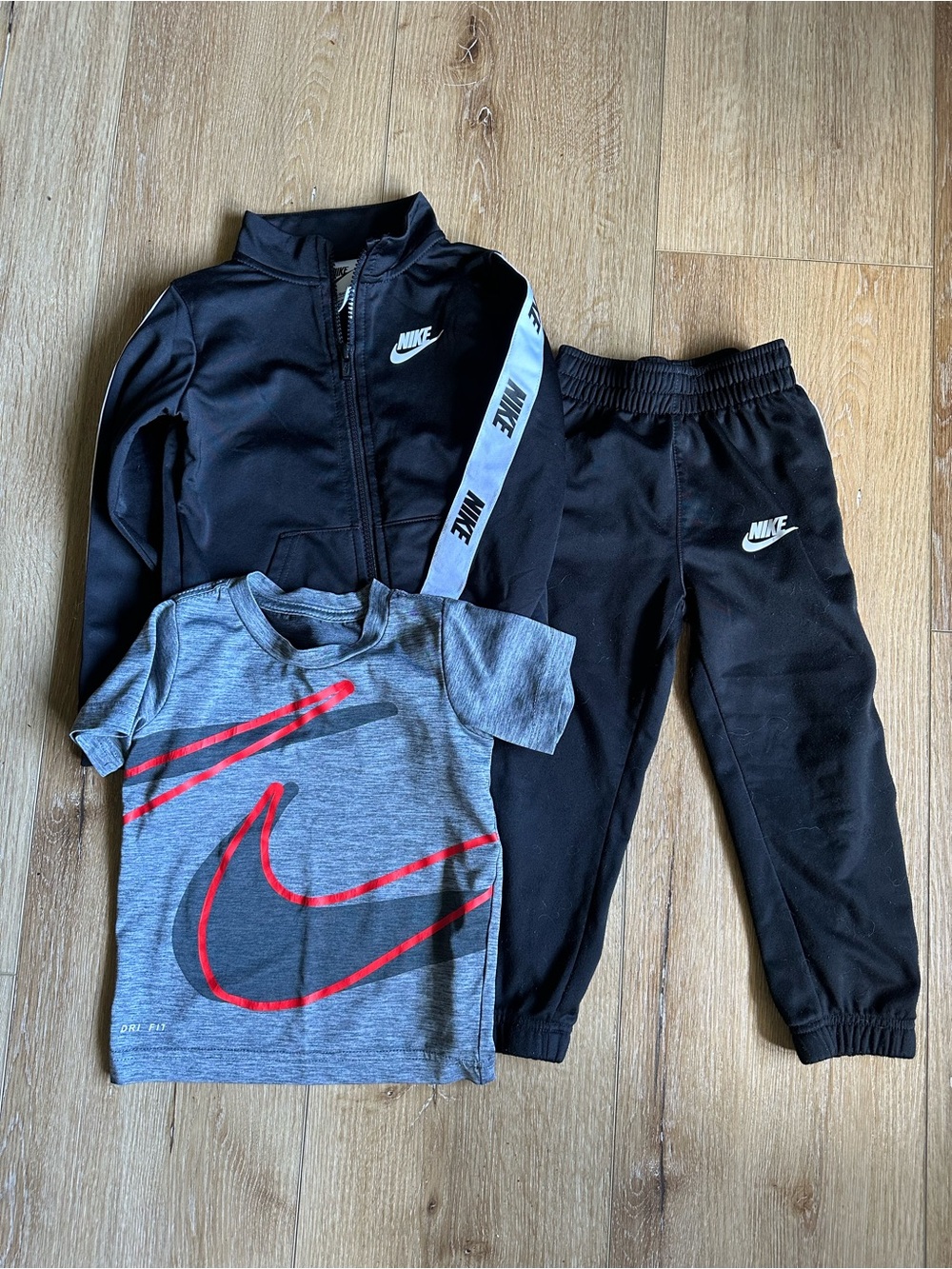 Nike Kids Black Track Jacket, Black Joggers & Gray Tee with Red Swoosh